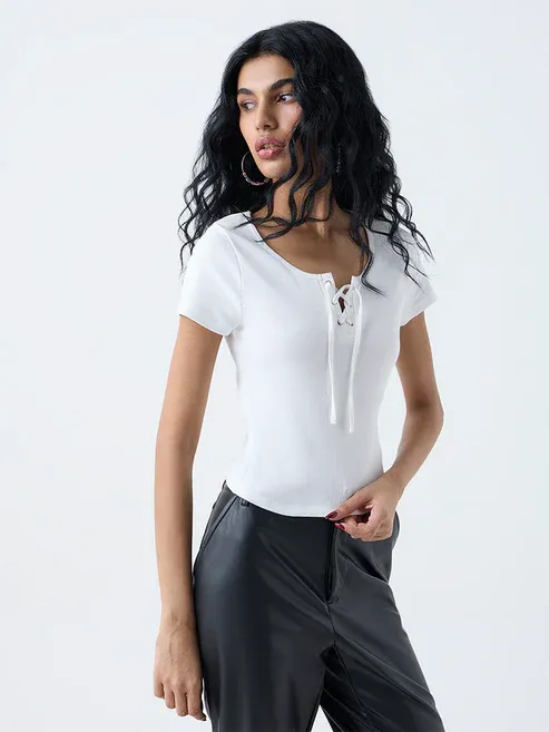 White Ribbed Criss-Cross Design Top