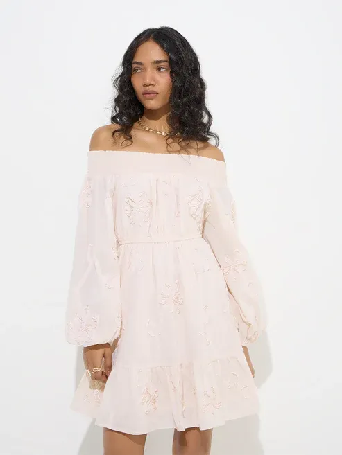 Off-White Floral Cotton Off-Shoulder Dress