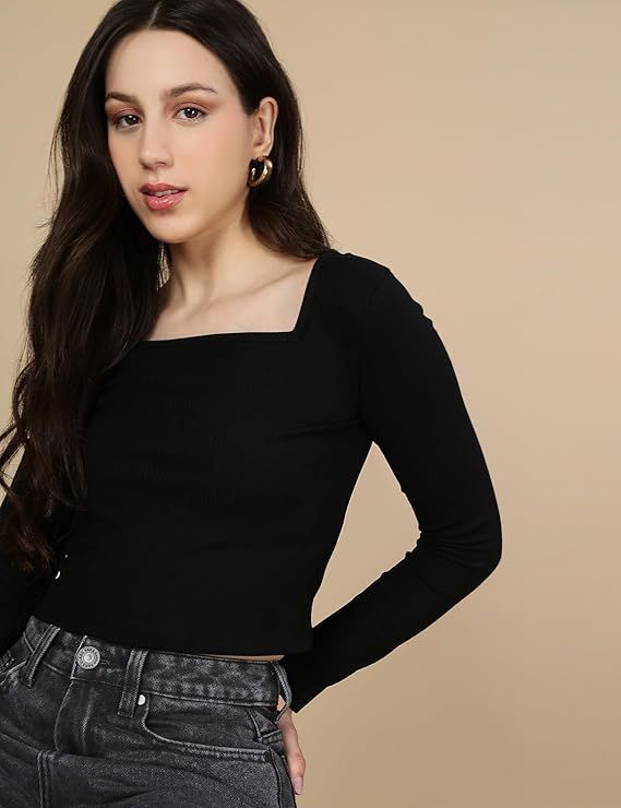 Women’s Ribbed Square Neck Crop Top – Full Sleeves