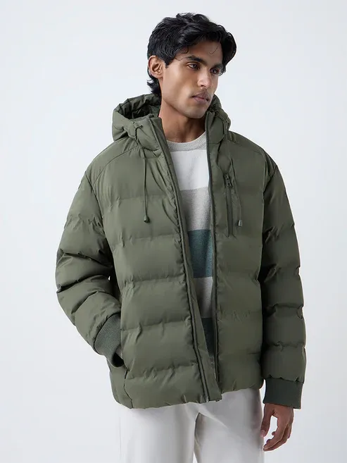 Casuals Olive Solid Relaxed-Fit Puffer Jacket