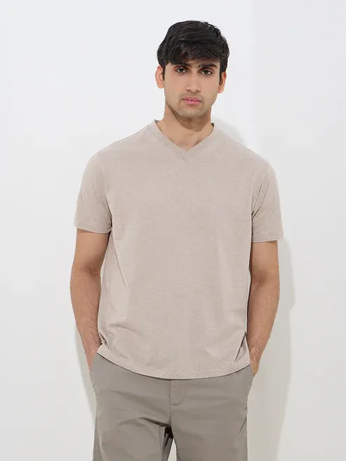 Casuals Beige Slim-Fit Cotton T-Shirt