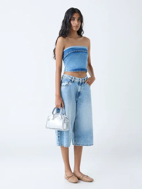 Light Blue Faded Mid-Rise Denim Jorts