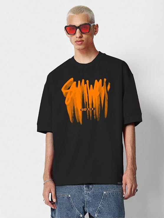 Half Sleeve Oversized Cottonblend Round Neck Printed Men's T-Shirt (Color Black)