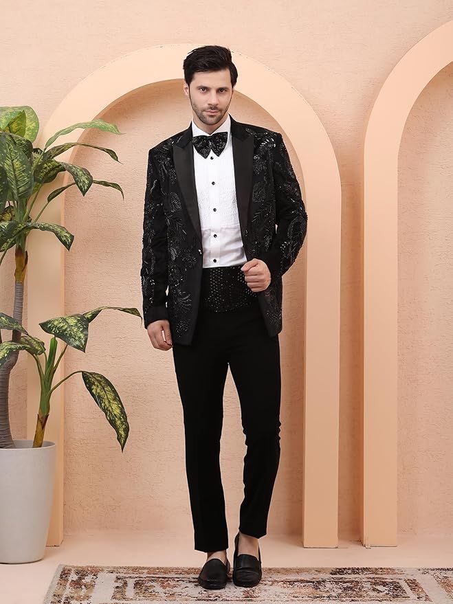 Men's Black Designer Tuxedo Set with Trousers, Shirt & Bow Tie