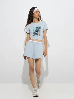 Dusty Blue Printed Cotton T-Shirt