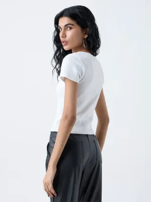White Ribbed Criss-Cross Design Top