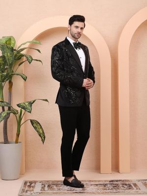 Men's Black Designer Tuxedo Set with Trousers, Shirt & Bow Tie