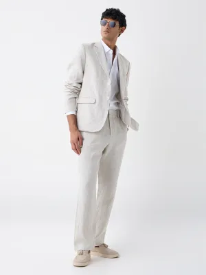 Beige Checkered Relaxed-Fit Linen Blazer