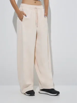Beige Solid High-Rise Cotton Track Pants