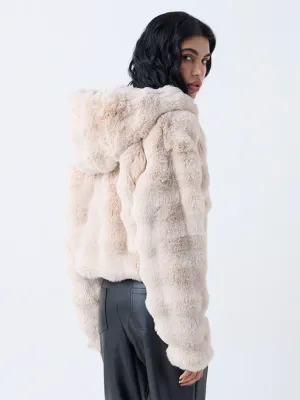 Beige Hooded Fur Jacket