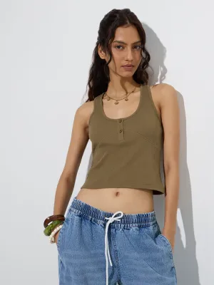 Olive Ribbed-Textured Cotton-Blend Tank Top