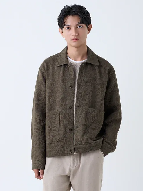 Product Olive Textured Relaxed-Fit Cotton Jacket Image