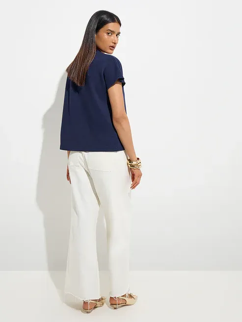 Navy Solid Cotton-Blend Top