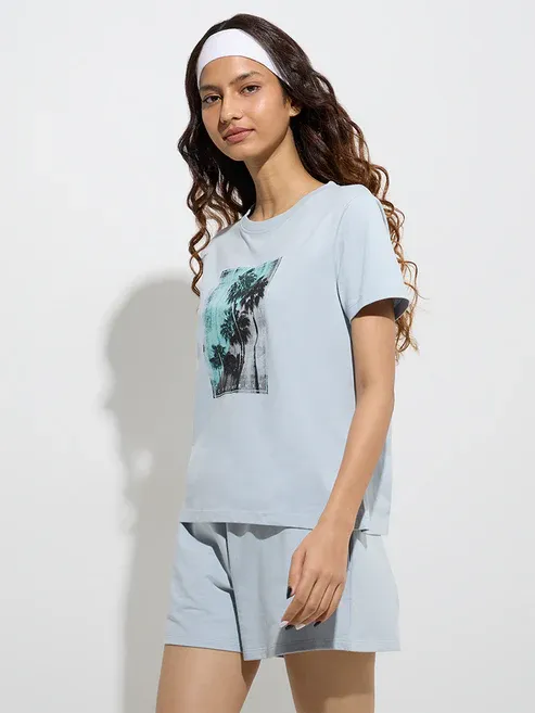 Product Dusty Blue Printed Cotton T-Shirt Image