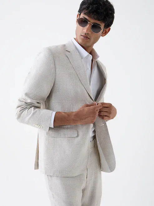 Product Beige Checkered Relaxed-Fit Linen Blazer Image
