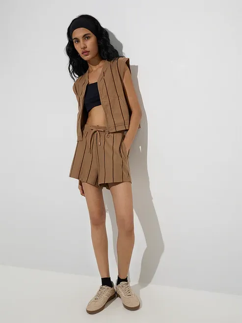 Product Brown Stripe Pattern High-Rise Cotton Shorts Image
